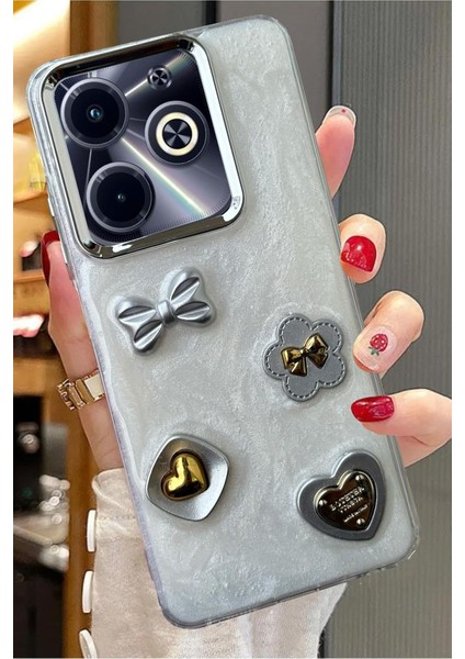Infinix Hot 40i & Infinix Smart 8 Uyumlu 3D Taş Kurdele Kelebek Kalp Işleme Motifli Simli Sert Kapak