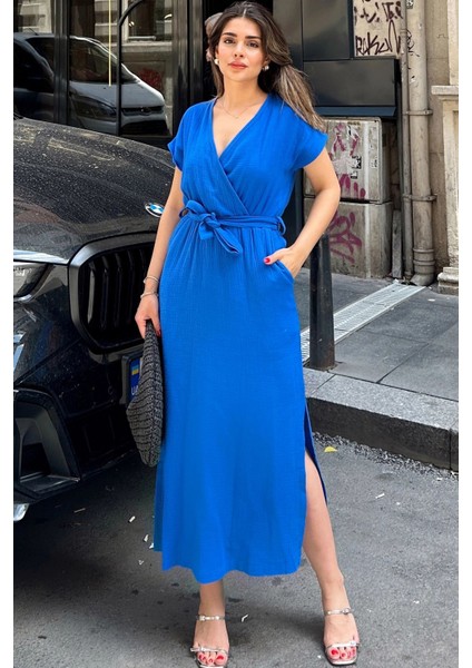 Saks Kruvaze Yaka,yırtmaçlı, Beli Kuşaklı, Terletmez, Pamuklu, Ithal Müslin Kumaş, Uzun Elbise