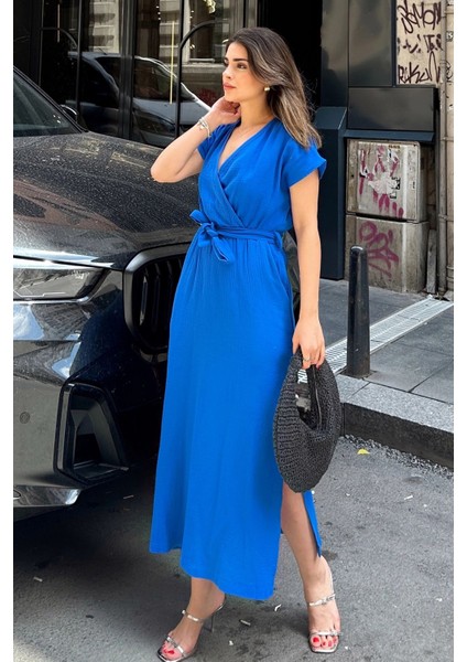 Saks Kruvaze Yaka,yırtmaçlı, Beli Kuşaklı, Terletmez, Pamuklu, Ithal Müslin Kumaş, Uzun Elbise fırsatları