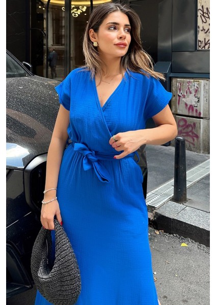 Saks Kruvaze Yaka,yırtmaçlı, Beli Kuşaklı, Terletmez, Pamuklu, Ithal Müslin Kumaş, Uzun Elbise indirimleri