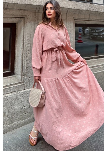 Kadın Pudra Dokulu Kumaş, Beli Kuşaklı, Balon Kol, A Kesim, Vintage Maksi Elbise - Tesettüre Uygun