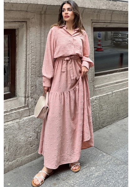 Kadın Pudra Dokulu Kumaş, Beli Kuşaklı, Balon Kol, A Kesim, Vintage Maksi Elbise - Tesettüre Uygun fiyatları