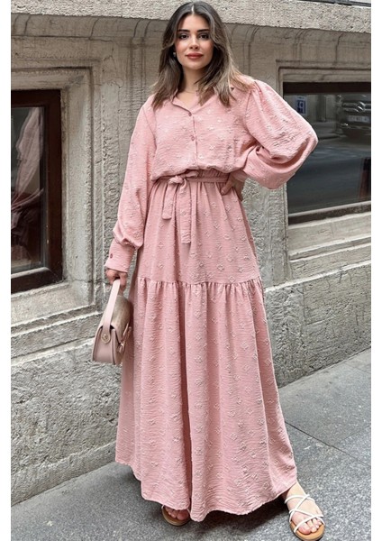 Kadın Pudra Dokulu Kumaş, Beli Kuşaklı, Balon Kol, A Kesim, Vintage Maksi Elbise - Tesettüre Uygun modelleri