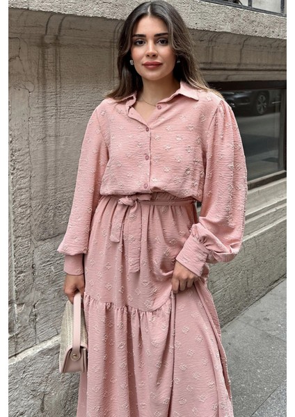Kadın Pudra Dokulu Kumaş, Beli Kuşaklı, Balon Kol, A Kesim, Vintage Maksi Elbise - Tesettüre Uygun indirimleri