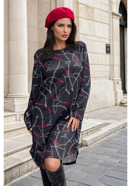 Lacivert Yuvarlak Yaka, Zincir Desenli, Midi Elbise