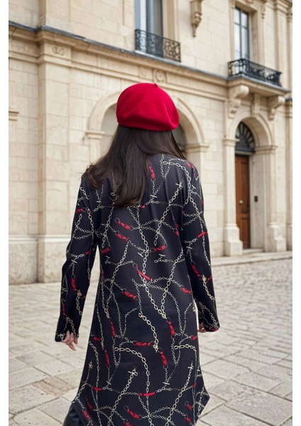 Lacivert Yuvarlak Yaka, Zincir Desenli, Midi Elbise fiyatları