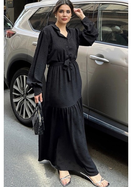 Kadın Siyah Dokulu Kumaş, Beli Kuşaklı, Balon Kol, A Kesim, Vintage Maksi Elbise - Tesettüre Uygun fiyatları