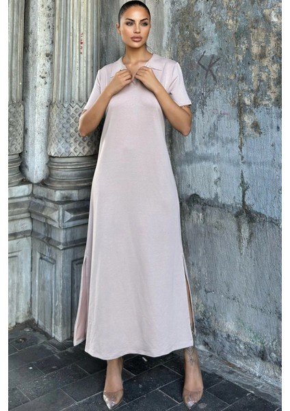 Vizon Polo Yaka, Kısa Kol, Yırtmaçlı, Basic Model, Uzun Salaş Elbise