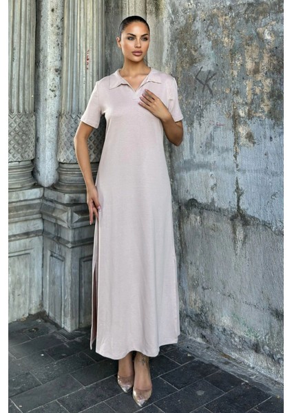 Vizon Polo Yaka, Kısa Kol, Yırtmaçlı, Basic Model, Uzun Salaş Elbise modelleri