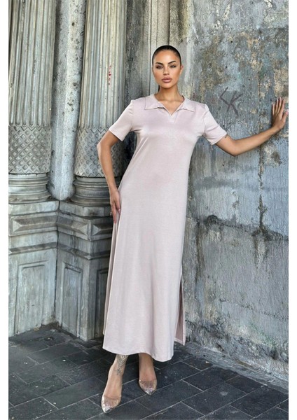 Vizon Polo Yaka, Kısa Kol, Yırtmaçlı, Basic Model, Uzun Salaş Elbise fırsatları