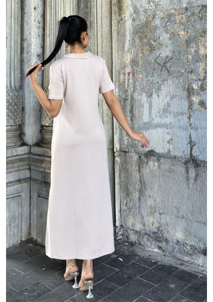 Vizon Polo Yaka, Kısa Kol, Yırtmaçlı, Basic Model, Uzun Salaş Elbise indirimleri