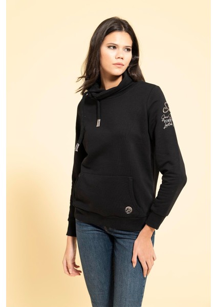 Yaka Kordon Detaylı Kanguru Cep Siyah Sweatshirt
