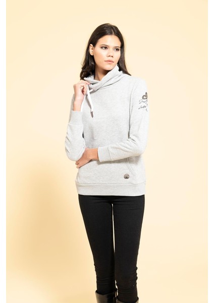 Yaka Kordon Detaylı Kanguru Cep Gri Sweatshirt