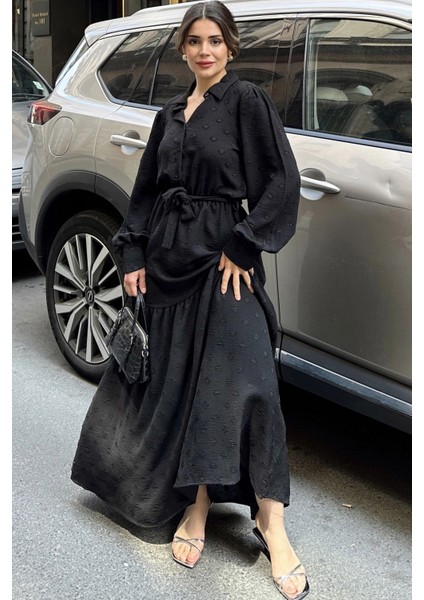 Kadın Siyah Dokulu Kumaş, Beli Kuşaklı, Balon Kol, A Kesim, Vintage Maksi Elbise - Tesettüre Uygun indirimleri