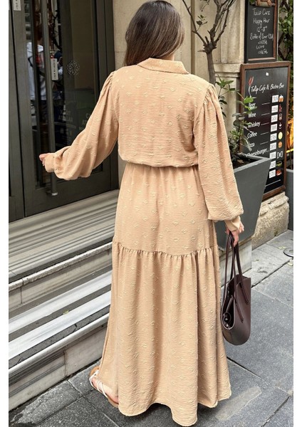 Kadın Camel Dokulu Kumaş, Beli Kuşaklı, Balon Kol, A Kesim, Vintage Maksi Elbise - Tesettüre Uygun fiyatları