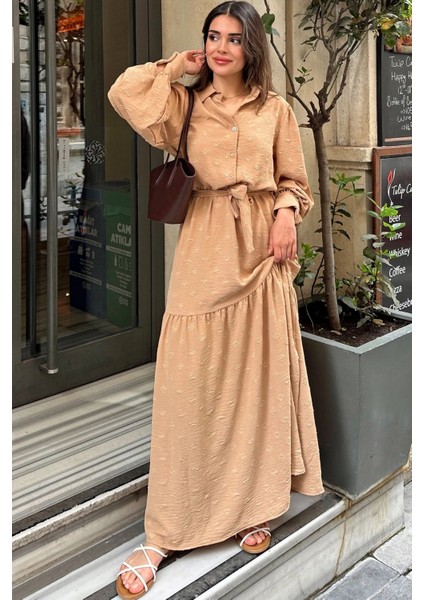 Kadın Camel Dokulu Kumaş, Beli Kuşaklı, Balon Kol, A Kesim, Vintage Maksi Elbise - Tesettüre Uygun fırsatları