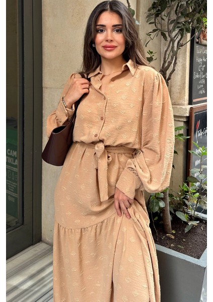 Kadın Camel Dokulu Kumaş, Beli Kuşaklı, Balon Kol, A Kesim, Vintage Maksi Elbise - Tesettüre Uygun indirimleri