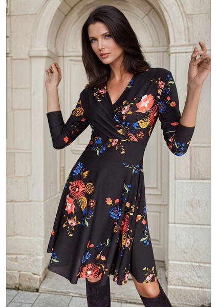 Siyah Kruvaze Yaka, Çiçekli, Uzun Kollu, Mini Elbise