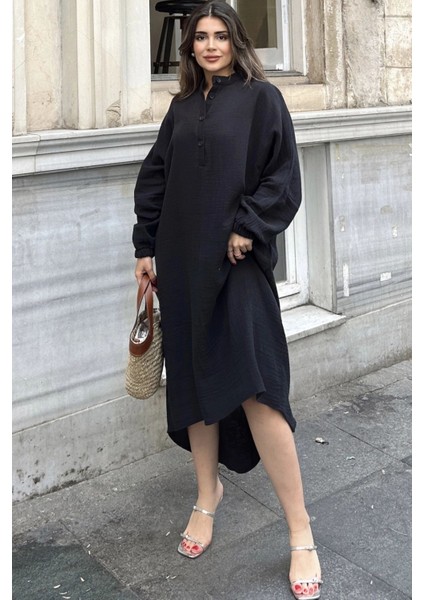 Kadın Siyah Balon Kol, Hakim Yaka, Terletmez Pamuklu, Ithal Müslin Kumaş, Uzun Salaş Elbise fiyatları