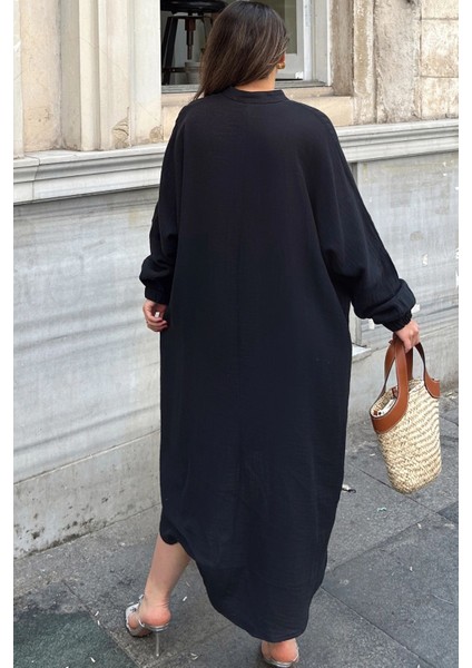 Kadın Siyah Balon Kol, Hakim Yaka, Terletmez Pamuklu, Ithal Müslin Kumaş, Uzun Salaş Elbise modelleri