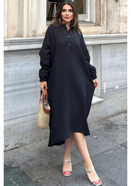 Kadın Siyah Balon Kol, Hakim Yaka, Terletmez Pamuklu, Ithal Müslin Kumaş, Uzun Salaş Elbise fırsatları