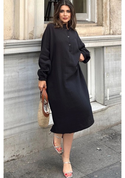 Kadın Siyah Balon Kol, Hakim Yaka, Terletmez Pamuklu, Ithal Müslin Kumaş, Uzun Salaş Elbise indirimleri
