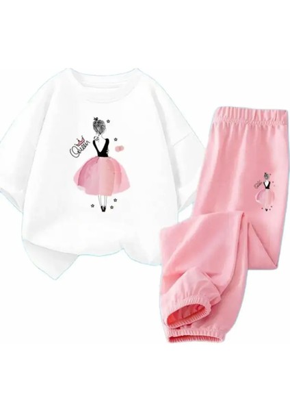 Özel Tasarım Queen Balerin Baskılı Kısa Kollu Yazlık Kız Çocuk Eşofman Takımı