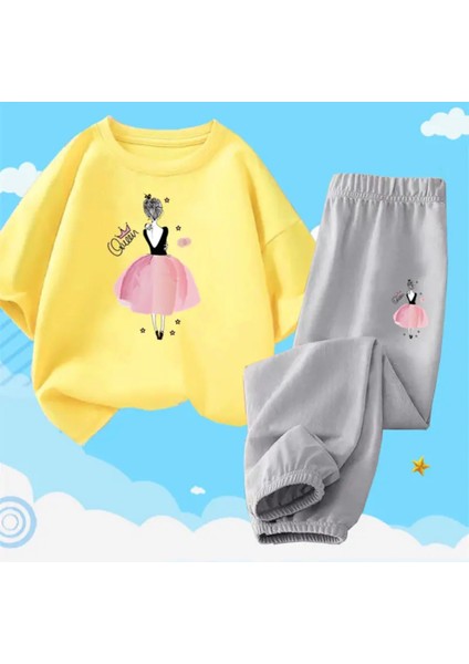 Özel Tasarım Queen Balerin Baskılı Kısa Kollu Yazlık Kız Çocuk Eşofman Takımı