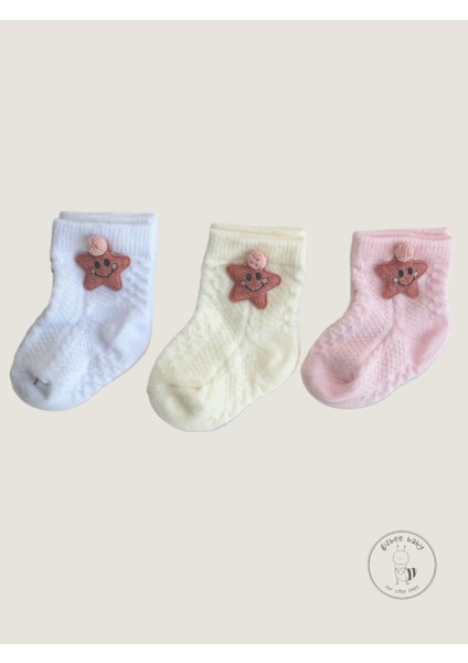 3'lü Kız Gülen Yıldız Aksesuarlı Pamuklu Bebek Soket Çorap | Yenidoğan | 0-6 Ay | Aksesuar Model
