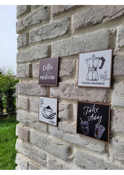 4'lü Tablo Çerçeve Görünümlü Iskandinav Tasarım Kahve Köşesi Mini Ahşap Dekoratif Set(10*10 Cm)