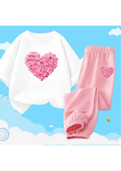 Özel Tasarım Çiçeklerin Kalbi Baskılı Kısa Kollu Yazlık Şık Kız Çocuk Eşofman Takımı