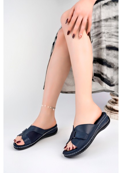 Kadın Lacivert Deri Kemik Çıkıntısı Terlik
