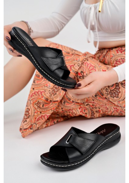 Kadın Hakiki Deri Siyah Ortopedik Terlik