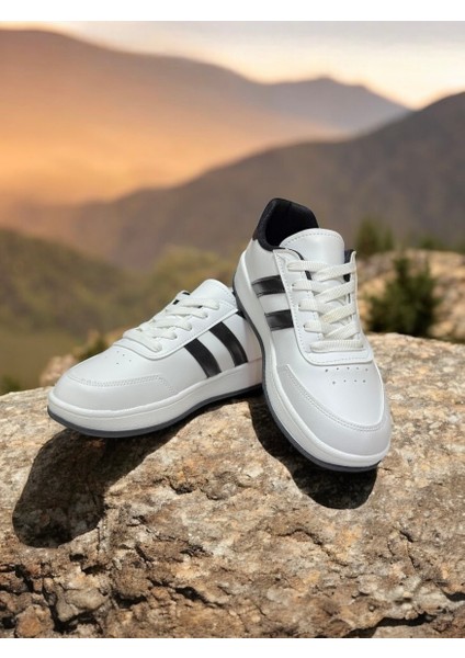 Beyaz-Siyah İki Bant Unisex Günlük Sneaker Spor Ayakkabı