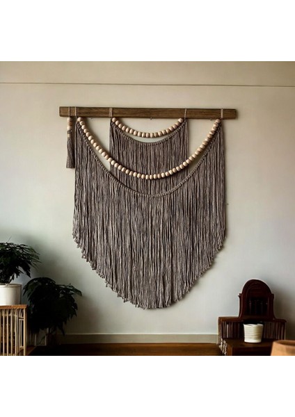 Boho Şık Makrome Duvar Süsü, Modern ve Iskandinav Tarzı Ev Aksesuarı - Ahşap Boncuklu El Yapımı Özel Tasarım