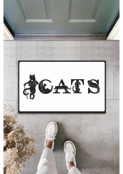 Dijital Baskı Beyaz Kedilerle Bezenmiş Cats Yazılı Dekoratif Kapı Paspası K-2028