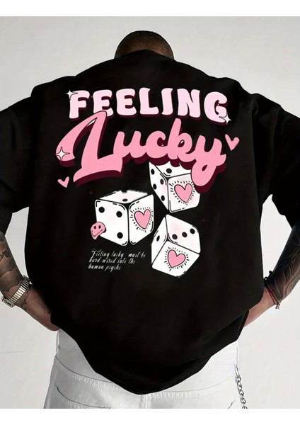 Büyük Beden Özel Tasarım Feeling Lucky Sırt Baskılı Modern Battal Erkek T-Shırt