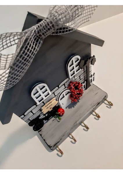 Raf - Raflı Taş Desenli Gri Dekoratif Anahtar Askısı 23 x 25