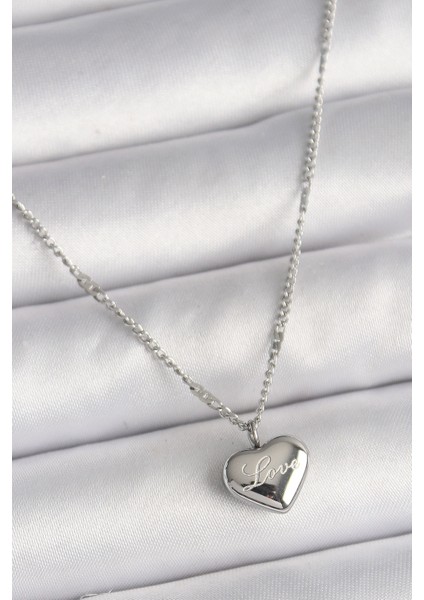 Gümüş Renk Zincir Love Işleme Kalp Figür Kadın Kolye - EBJ250207W31073