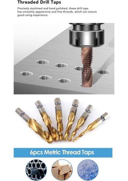 Klavuz Seti 1/4 Bıts Kendinden Matkap Uçlu M3 M4 M5 M6 M8 M10 Titanyum Ahşap Metal Matkap Uçlu