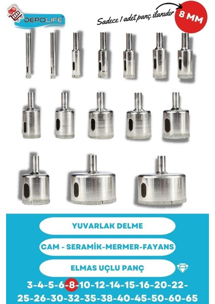 8mm Mermer Granit Fayans Cam Yuvarlak Delme Panç Elmas Uç Yuvarlak Açma Matkap Için Karot fiyatları