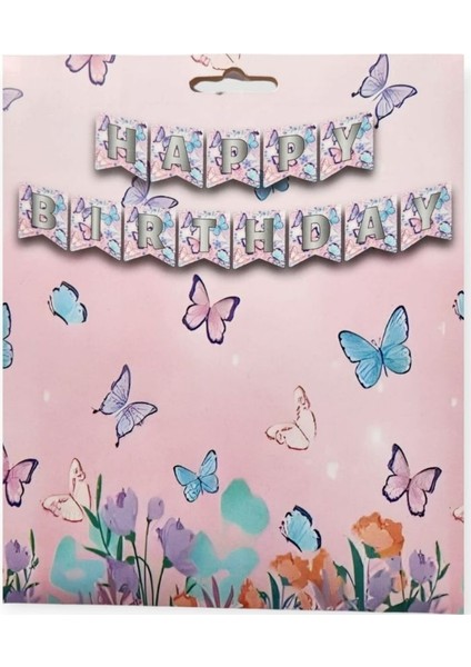 Kelebek Teması Gümüş Baskılı Happy Birthday Banner Afiş
