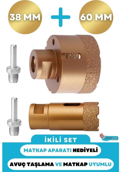 38MM + 60MM Granit Mermer Seramik Beton Taş Delme Panç Spiral Avuç Taşlama Matkap Uyumlu M14 Aparat