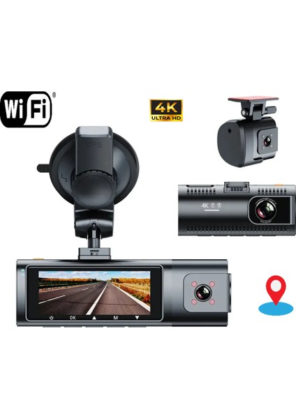 4K UHD Araç Içi Kamera Wifi Bağlantılı Gps Takibi Gece Görüşü Ön ve Arka Kamera 7/24 Kayıt