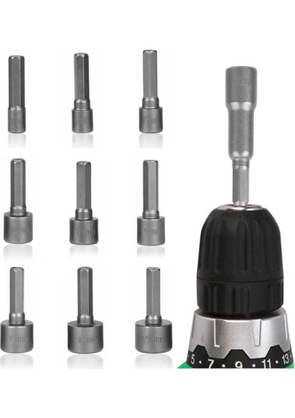 Somun Sökücü Bits Lokma Seti 1/4"vidalı Metrik Adaptör Matkap Ucu 5 Ila 13mm Altıgen Şaft 9 Parça