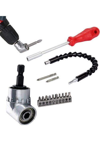 Köşe Vidalama 1/4 Hex Adaptörü Altıgen Bits Tornavida Esnek Hortum Lokma Tornavida 15 Parça Matkap