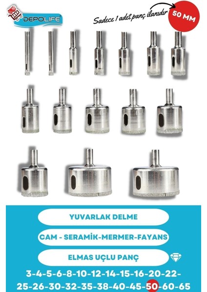 50 mm Mermer Granit Fayans Cam Yuvarlak Delme Panç Elmas Uç Yuvarlak Açma Matkap İçin Karot