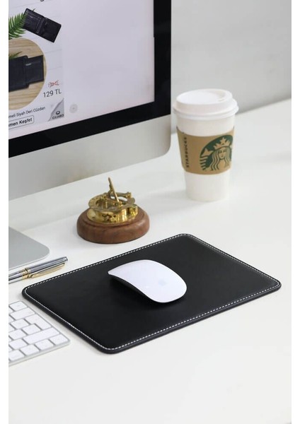 Siyah Hakiki Deri Dikiş Detaylı Mouse Pad 26 x 20 cm - GRD2502WT1041