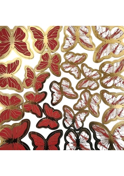 Kırmızı Gold Varaklı Kelebek Pasta Dekor Süs 42 Adet