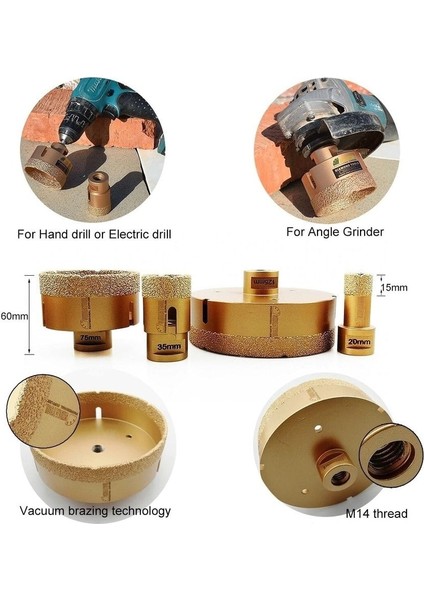 Mermer Granit Panç Fayans Beton Kaya Delme Ucu 35MM Sarı Elmas Avuç Taşlama Uyumlu (M14) Karot Delik modelleri